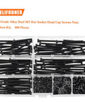 M3 Hex Socket Head Cap Screws Set With Nuts And Washers, 400 Piece Kit, Alloy Steel Black Oxide Finish, organized in box.