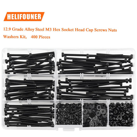 M3 Hex Socket Head Cap Screws Set With Nuts And Washers, 400 Piece Kit, Alloy Steel Black Oxide Finish, organized in box.