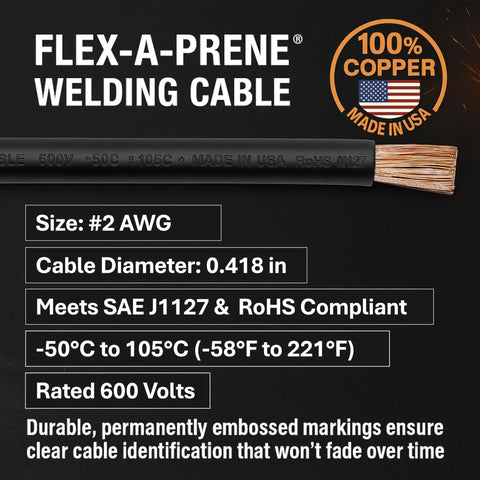 Flex-A-Prene welding cable specs, 100% copper, #2 AWG, compatible with Heavy Duty 200 Amp Welding Electrode Holder Lead Assembly