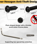 Inner Hexagon design of Pro Grade Anti Theft License Plate Screws Set With Rust Resistant Stainless Steel Bolts and wrenches.