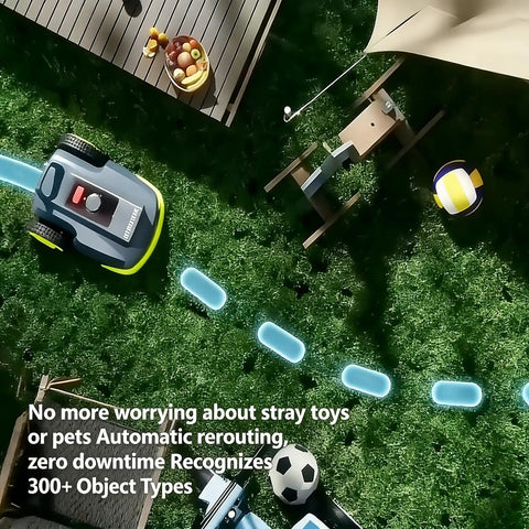 Smart Self Propelled Lawn Mower with app control and 3D TOF obstacle avoidance navigating around yard objects