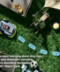 Smart App Controlled Robotic Lawn Mower With 1500W Self Propelled Power navigating around toys and obstacles on lawn