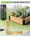 Beefy Wood Corner Brackets Set for Raised Garden Beds, heavy-duty metal corners, 11x3x3 inch, shown installed and in detail view.