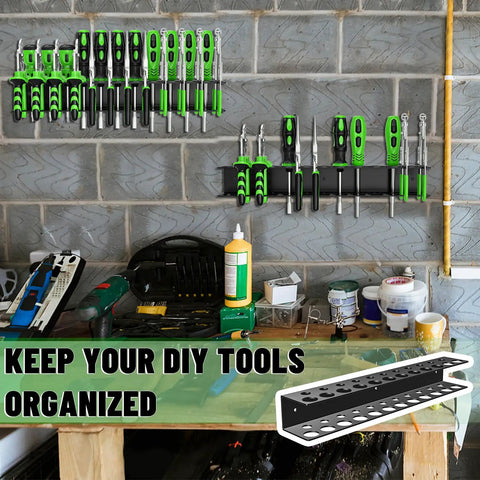 Heavy Duty Metal Tool Organizer Wall Mount For Screwdrivers And Pliers, Space Saving Storage Rack For Garages, Homes, And Workshops, 23 Holes 2 Pack Set displaying tools against a workshop wall.