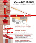 Diagram of Wall Mount Jib Crane With 1320 Lbs Max Load 180 Degree Swivel Arm highlighting stability features.