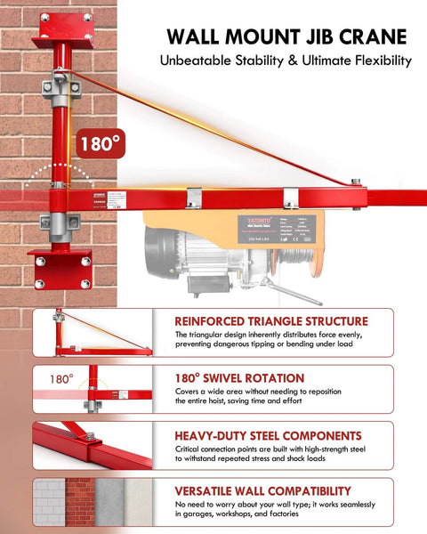 Diagram of Wall Mount Jib Crane With 1320 Lbs Max Load 180 Degree Swivel Arm highlighting stability features.