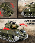 1 To 18 Scale RC M4A3 Sherman Tank With Alloy Tracks, BB Firing Action, Smoke, Lights And Dope Sound, Realistic Military Army Toy for Adults and Kids showing turret and track rotation angles