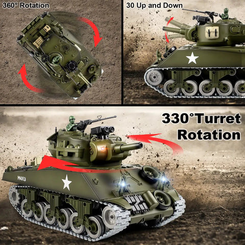 1 To 18 Scale RC M4A3 Sherman Tank With Alloy Tracks, BB Firing Action, Smoke, Lights And Dope Sound, Realistic Military Army Toy for Adults and Kids showing turret and track rotation angles