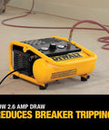 Compact 135 PSI Air Compressor With 1 Gallon Tank And Two Point Six Amp Motor Super Handy For Finish Carpenters And Woodworkers Quiet Portable Power with 2.6 amp draw on jobsite floor