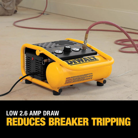Compact 135 PSI Air Compressor With 1 Gallon Tank And Two Point Six Amp Motor Super Handy For Finish Carpenters And Woodworkers Quiet Portable Power with 2.6 amp draw on jobsite floor