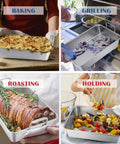 Collage showing Stainless Steel Roasting Pan With Rack Set Large 15.2 Inch used for baking, grilling, roasting, and holding dishes