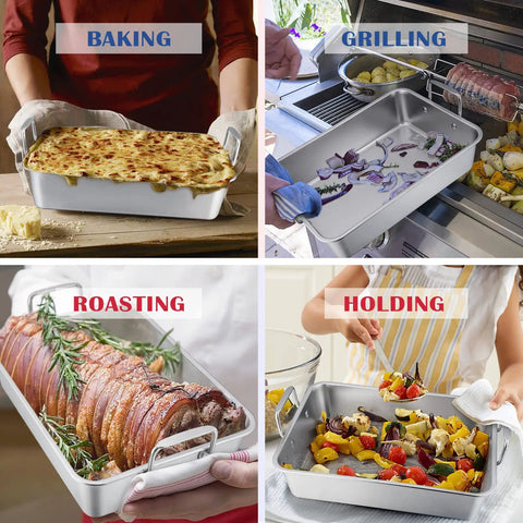 Collage showing Stainless Steel Roasting Pan With Rack Set Large 15.2 Inch used for baking, grilling, roasting, and holding dishes