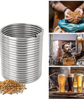 Front view of 304 stainless steel wort chiller coil (3/8 in x 50 ft) with malt grains and beer brewing scenes.