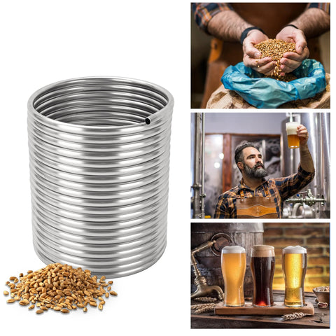 Front view of 304 stainless steel wort chiller coil (3/8 in x 50 ft) with malt grains and beer brewing scenes.