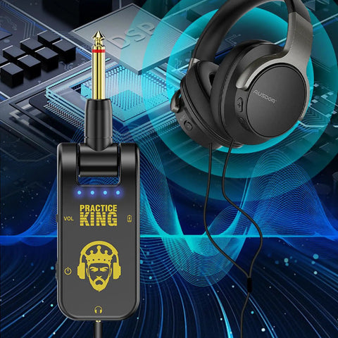Compact 5W Guitar Headphone Amp With Built In DSP Distortion Timbre For Electric Guitars, shown with black headphones