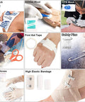 216-pcs survival first aid kit components collage: ice pack, CPR mask, scissors, tape, safety pins, gloves, bandage.