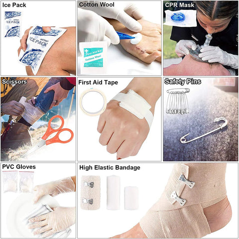 216-pcs survival first aid kit components collage: ice pack, CPR mask, scissors, tape, safety pins, gloves, bandage.
