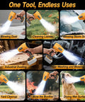 Collage showing Cordless Leaf And Dust Blower With 20V Battery Compatibility Brushless Jet Fan for versatile cleaning tasks