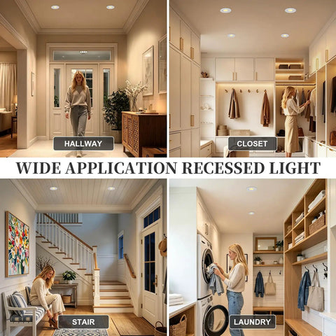 HITOO 3 Inch Motion Sensor Recessed Downlight Light 3000K, White, 2 Pack in hallway, closet, stair, and laundry settings.