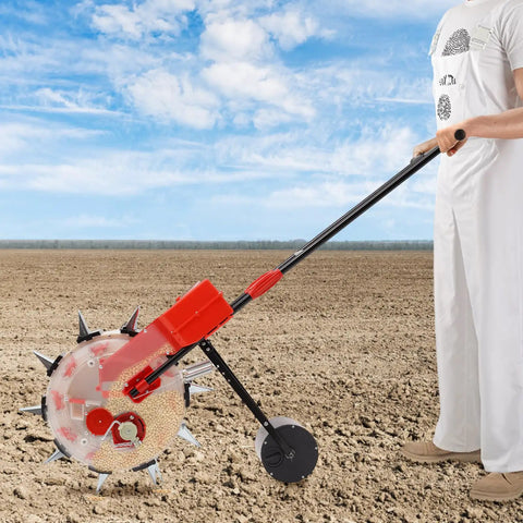 Person using Workhorse Ten Nozzles Hand Push Garden Seeder With Adjustable Depth From 1.38 To 3.07 Inches in field