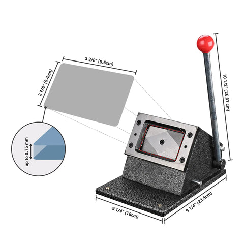 Manual Corner Cutter For Credit Cards And IDs With Round Corners, showing dimensions and cutting mechanism.