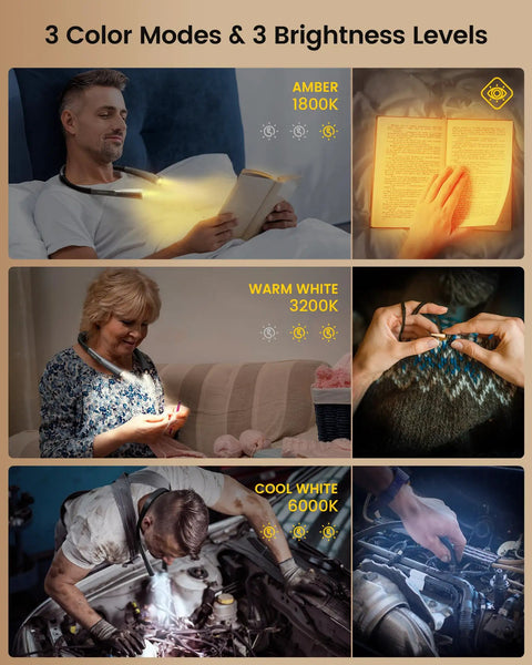 "Upgraded LED Neck Reading Light With Thirty Minute Timer Three Color Temperatures And Three Brightness Levels Lightweight 4.5 Oz Hands Free Book Light For Bedtime Reading And Knitting Rechargeable Long Lasting Battery" showcasing diverse lighting uses.