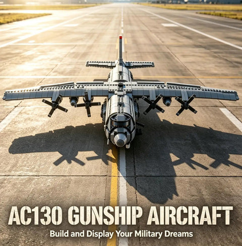 AC 130 Gunship Building Block Set 1713 Pieces WW2 Aircraft Model Kit For Adults And Teens on runway display