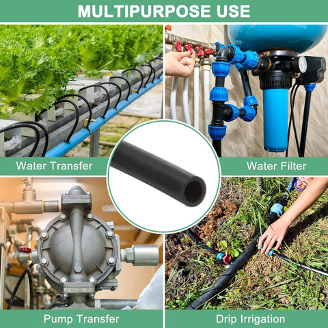 Silicone Tubing 9/32 Inch ID (7mm) by 7/16 Inch OD (11mm), 10 Ft High Temp Hose For Water Air Transfer, Pumping, Brewing, Aquaponics, Lab And Do It All DIY, Black; shown in various uses including water transfer, drip irrigation, and pump connection.
