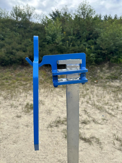 Gong Hook Mount Top Post For Hanging AR500 AR550 Target Plates With 1/2-Inch Holes on steel post, side view