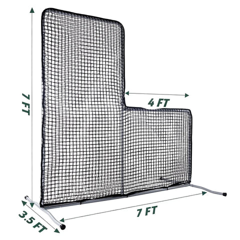 L Screen Baseball Pitching Net 7 By 7 Feet Portable For Backyard Batting Cage Practice Ideal For Coaches Parents And Youth Training Baseball Friendly Family Setup, showing dimensions and black netting.