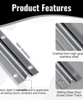 Stainless Steel Sliding Glass Door Track With Screw-Down Lower Inverted V Bottom For Sliding Screen Doors Satin Anodized Finish 72 Inch Length Heavy Duty Strength Built To Last. View showing detailed features and close-up of the track's satin finish.
