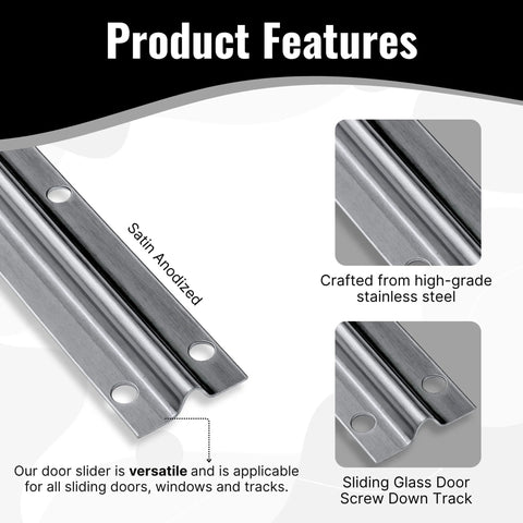 Stainless Steel Sliding Glass Door Track With Screw-Down Lower Inverted V Bottom For Sliding Screen Doors Satin Anodized Finish 72 Inch Length Heavy Duty Strength Built To Last. View showing detailed features and close-up of the track's satin finish.