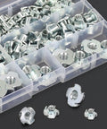 Premium Heavy Duty Zinc Plated Carbon Steel T Nuts Assortment Kit 120 Piece Set M3 M4 M5 M6 M8 displaying multiple four claw nuts in a clear organizer.