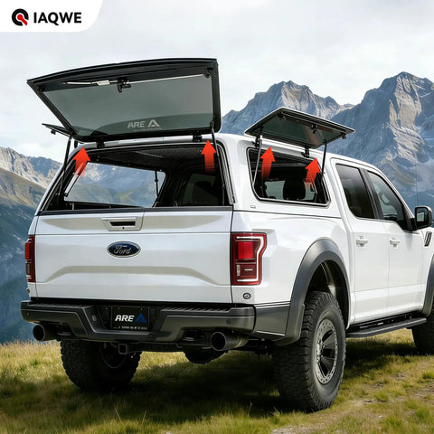 14 Inch Gas Struts 40 Lbs 178 N Gas Lift Springs Replacement Shocks For Camper Shell Back Window Fits Truck Cap Canopy Topper Two Piece Set OEM Style Universal Fit For Most Truck Caps installed on white truck in mountain setting