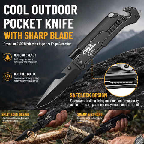 7 In 1 Dope Multitool Pocket Knife With LED Light And Glass Breaker And Fire Starter, showing sharp 440C steel blade on rock
