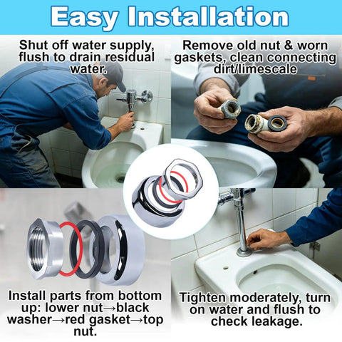 Direct Replacement F-56-A Coupling Assembly For Regal Flushometer Systems 0306145, complete spud assembly with flange and gasket, shown installed in a toilet