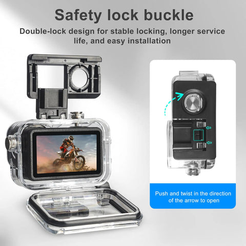 Safety lock buckle on Essential Underwater Diving Kit For DJI Osmo Action 5 Pro 4 3 Waterproof Housing, open case view