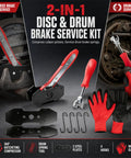 Ratcheting Brake Caliper Piston Compressor And Drum Brake Spring Installer Tool Kit with gloves and metal hooks for car maintenance.