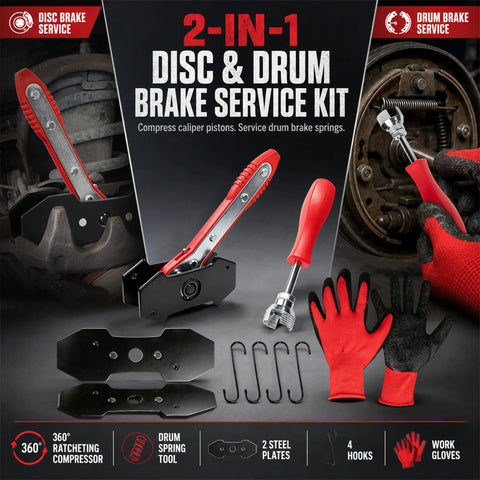 Ratcheting Brake Caliper Piston Compressor And Drum Brake Spring Installer Tool Kit with gloves and metal hooks for car maintenance.