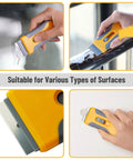 Two Pack Razor Blade Scraper Tool Set With 30 Extra Carbon Steel Blades, Anti Slip Ergonomic Handle in use on various surfaces