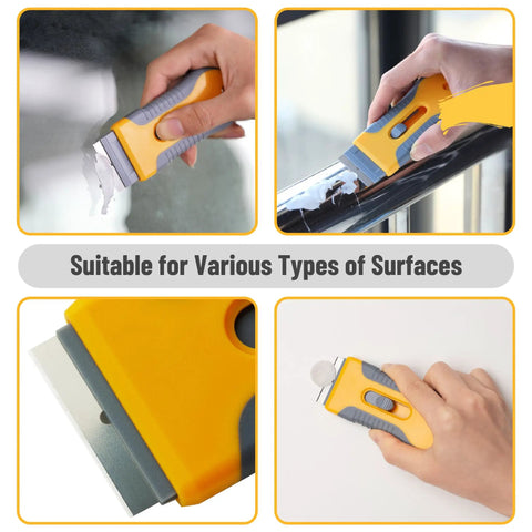 Two Pack Razor Blade Scraper Tool Set With 30 Extra Carbon Steel Blades, Anti Slip Ergonomic Handle in use on various surfaces