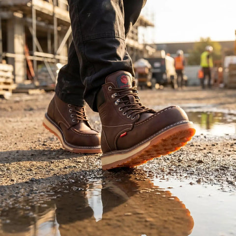 Heavy Duty Steel Toe Work Boots For Men With Goodyear Welt Construction Thick Full Grain Leather Wedge Sole in construction site