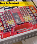 Battery Daddy Storage And Organizer Case With Built In Tester That Holds Up To 180 Batteries, double sided, clear lid open