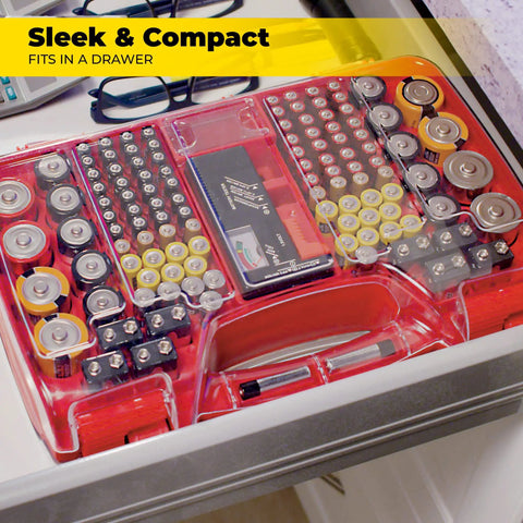 Battery Daddy Storage And Organizer Case With Built In Tester That Holds Up To 180 Batteries, double sided, clear lid open