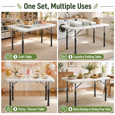 Heavy Duty Folding Table Leg Extenders With Four Level Adjustable Height Risers That Straight Up Elevate Any Standard Surface Into A Solid Ergonomic Standing Workstation Zero Sweat Setup And Serious Back Pain Relief Game Changer displaying four different uses.