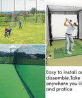 Heavy Duty Nylon Golf Practice Net For Indoor And Outdoor Use, 10x10ft Black with Wire Hanging Kit, shown in various settings