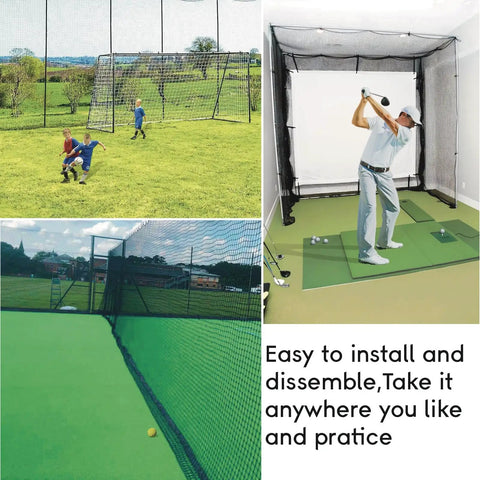 Heavy Duty Nylon Golf Practice Net For Indoor And Outdoor Use, 10x10ft Black with Wire Hanging Kit, shown in various settings