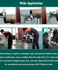 Heavy Duty Electric Plate Beveling Machine With Slick Pipe Edge Chamfering Gear For Straight Metal Side Grinding And No Fuss 30 To 60 Degree Weld Prep Angles At 220V in use on a pipe for clean beveling.