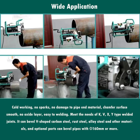 Heavy Duty Electric Plate Beveling Machine With Slick Pipe Edge Chamfering Gear For Straight Metal Side Grinding And No Fuss 30 To 60 Degree Weld Prep Angles At 220V in use on a pipe for clean beveling.