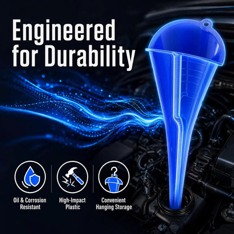 Heavy Duty Long Neck Oil Funnel Set For Cars Trucks And Suv With Wide Pour Spout to fix engine oil leaks, high-impact blue plastic.